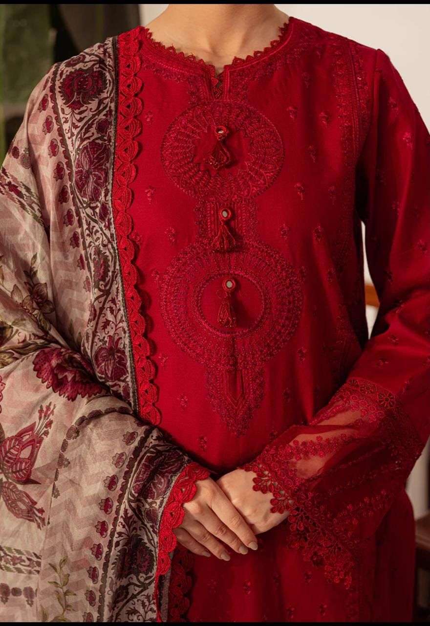 Pakistani Designer Red Luxury Hit Cotton Embroidered Suit