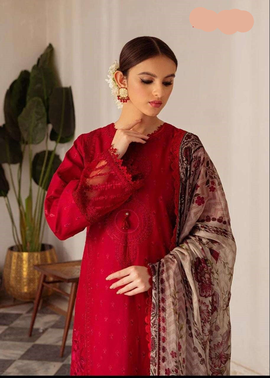 Pakistani Designer Red Luxury Hit Cotton Embroidered Suit