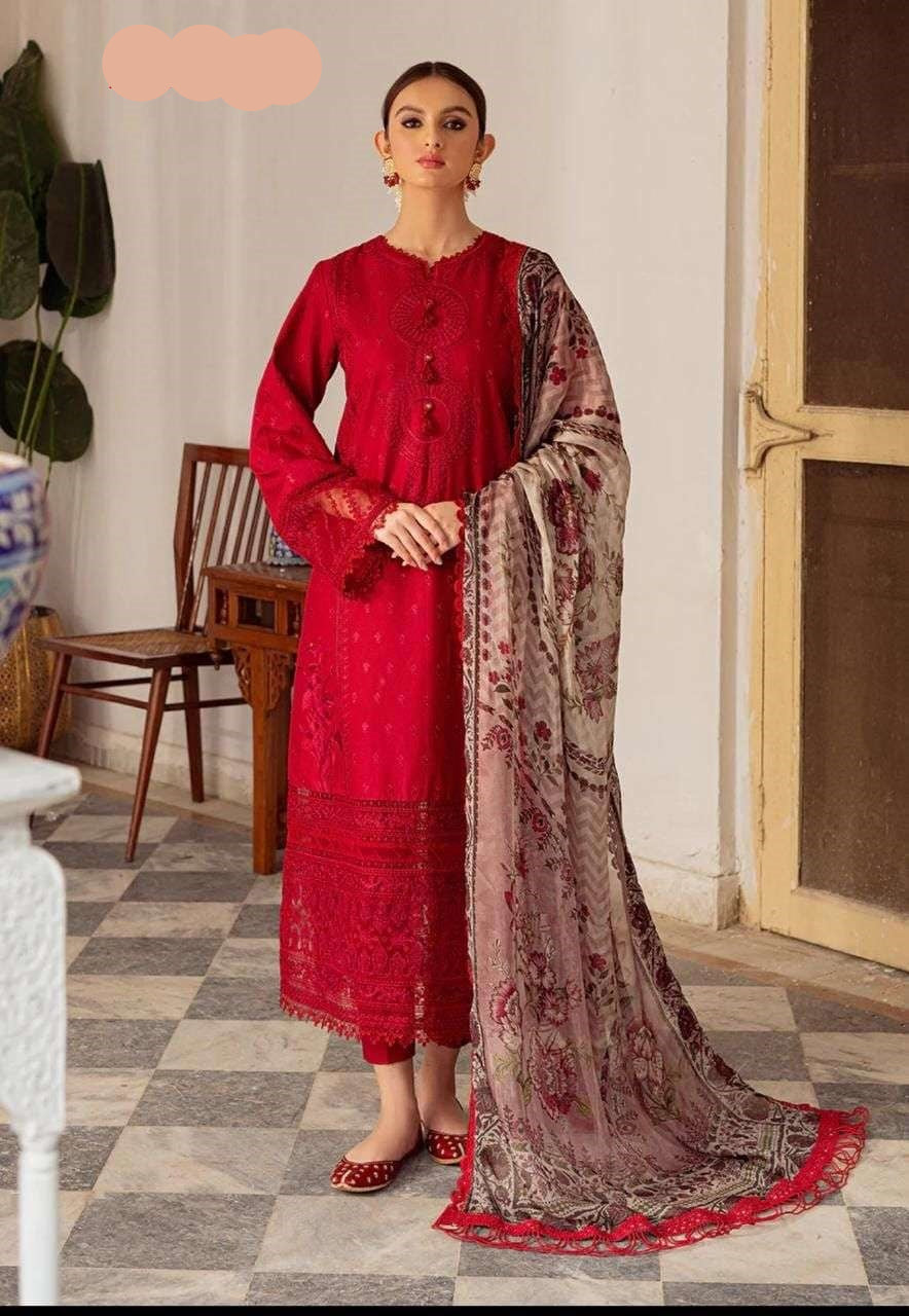 Pakistani Designer Red Luxury Hit Cotton Embroidered Suit