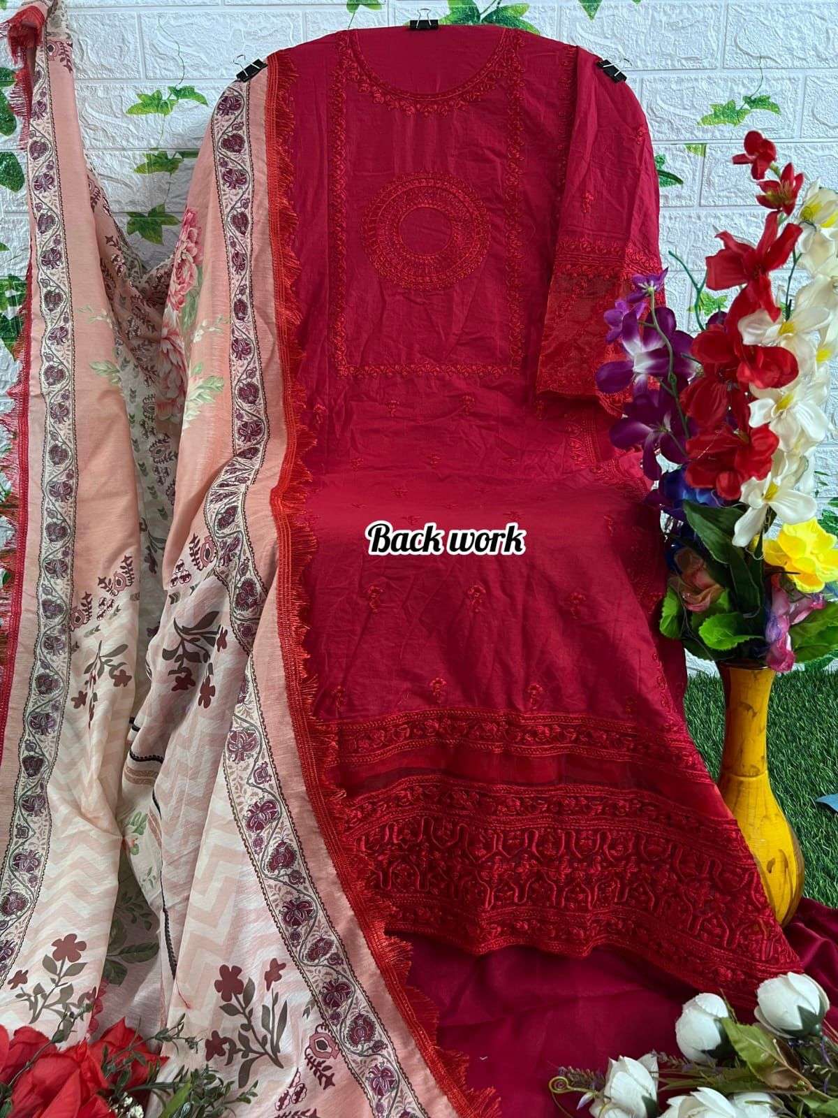 Pakistani Designer Red Luxury Hit Cotton Embroidered Suit