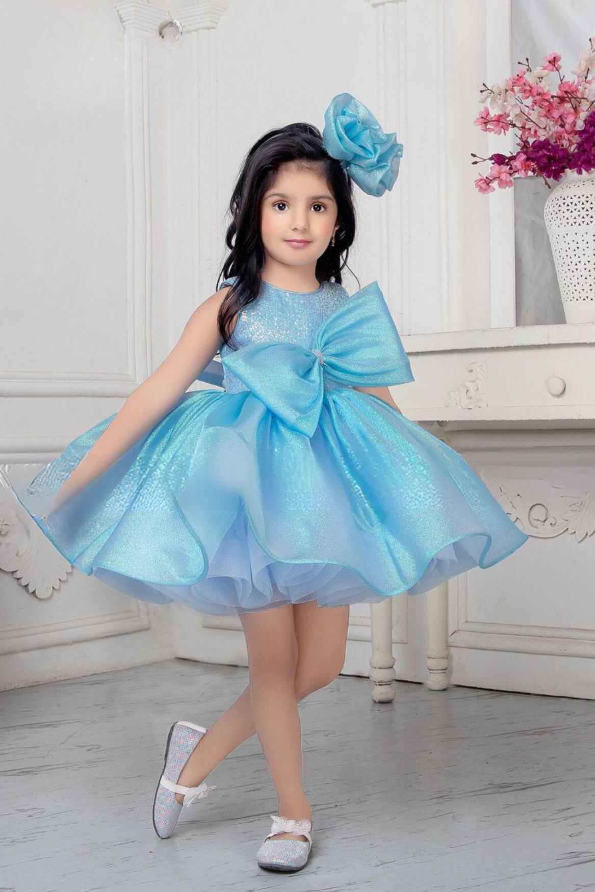 Blue Shimmer Organza Frock With Embellished Bow For Girls