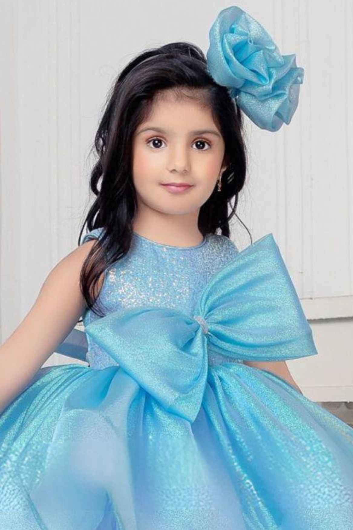 Blue Shimmer Organza Frock With Embellished Bow For Girls