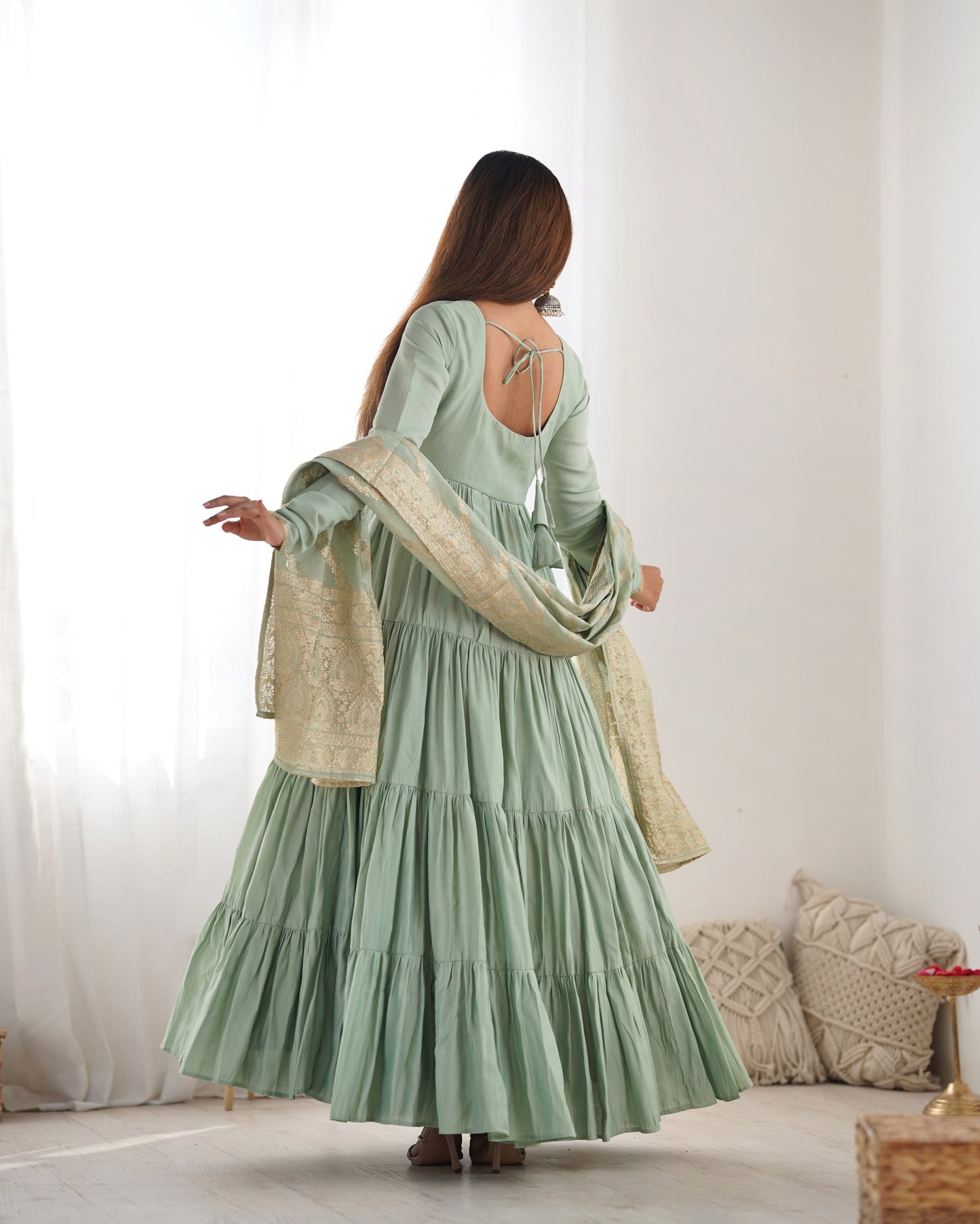 Premium Quality Roman Silk Pista  Anarkali  Suit Set