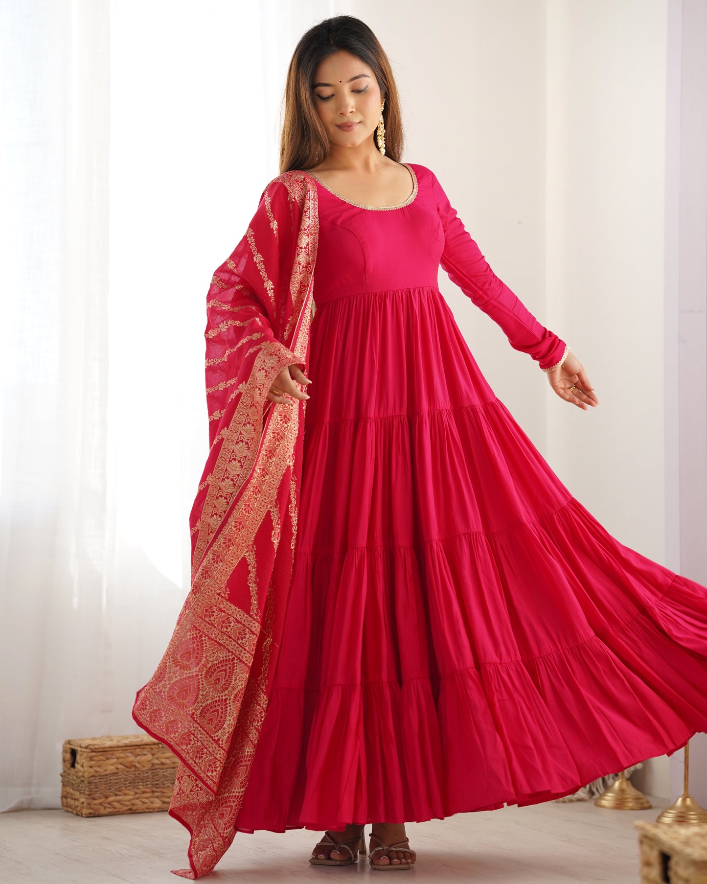 Premium Quality Roman Silk Pink Anarkali  Suit Set