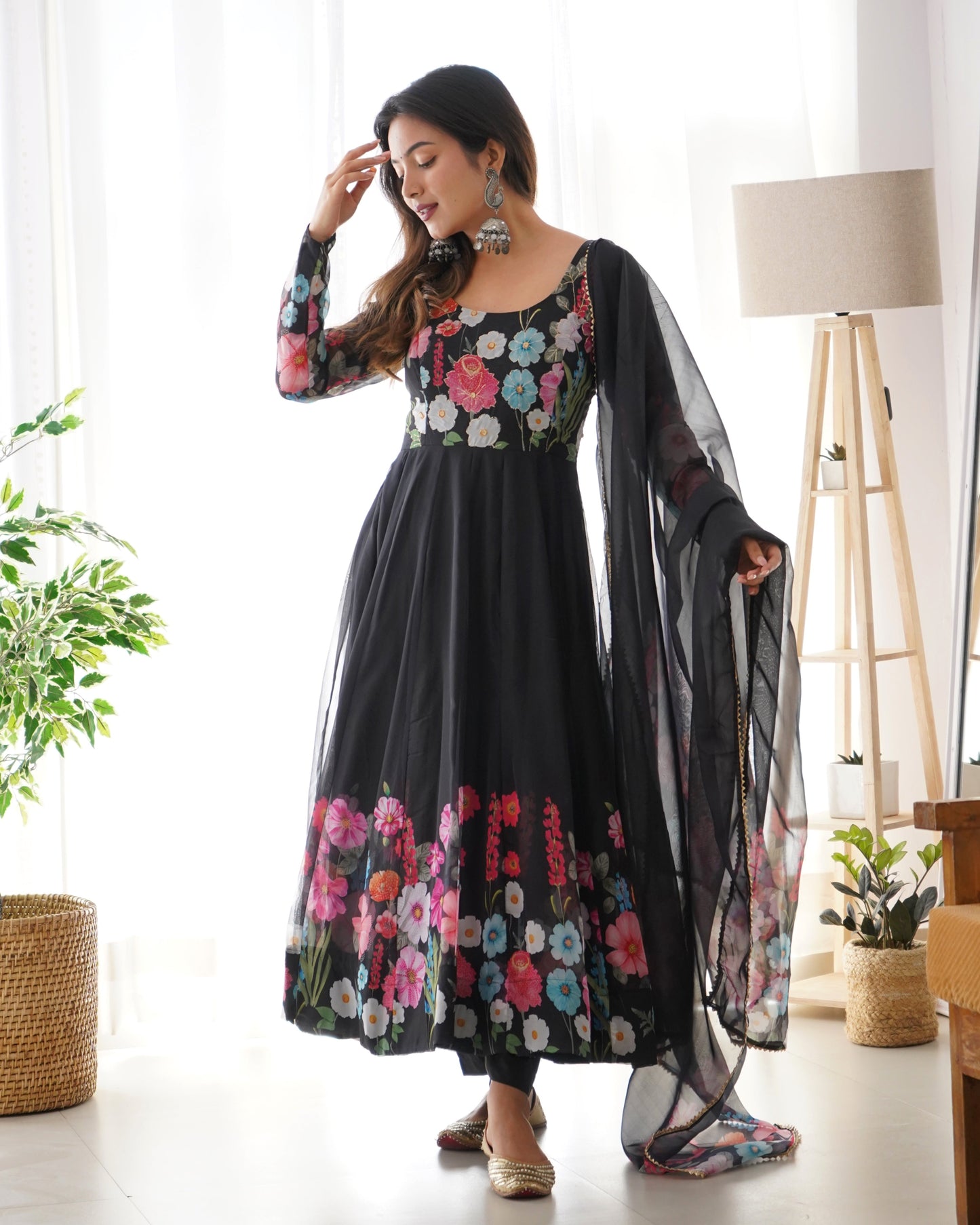 Black Organza Flower Dupatta Set