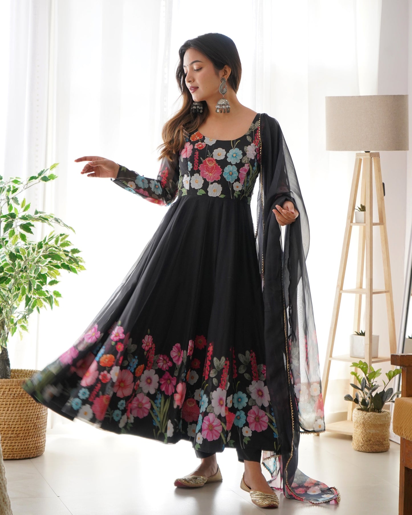 Black Organza Flower Dupatta Set