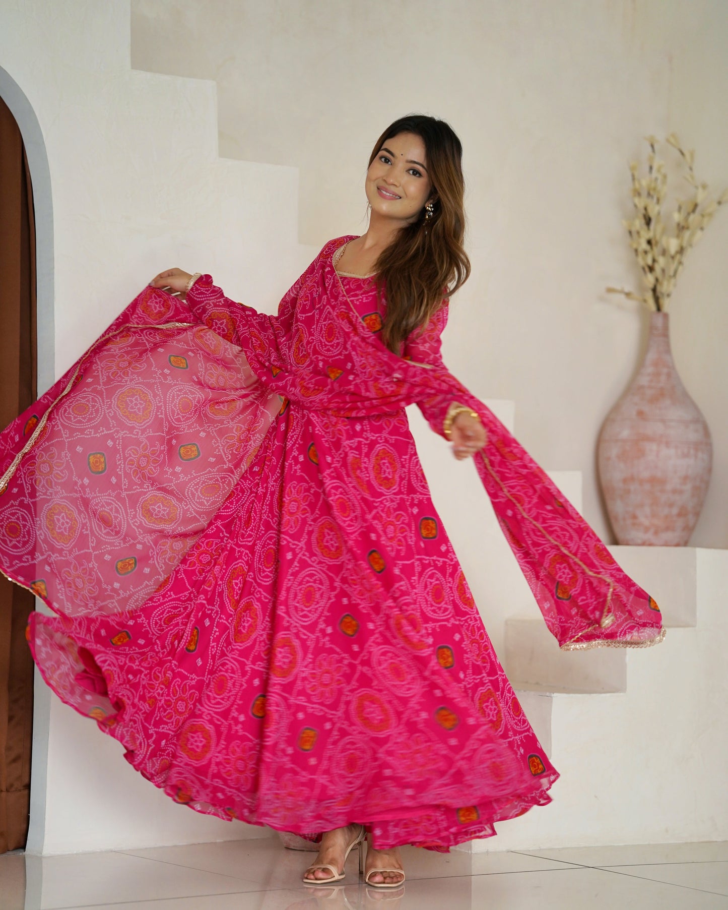 Premium Quality Bandhej Pink Anarkali Suit Set