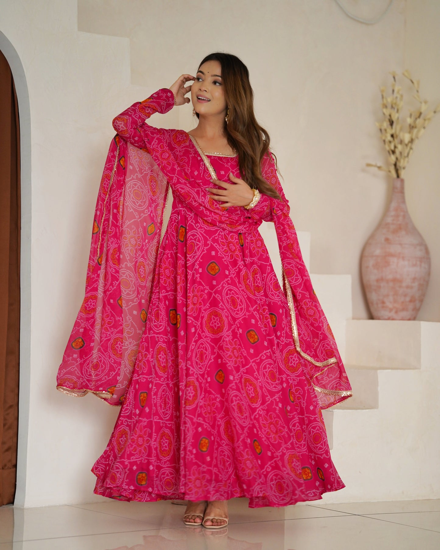 Premium Quality Bandhej Pink Anarkali Suit Set