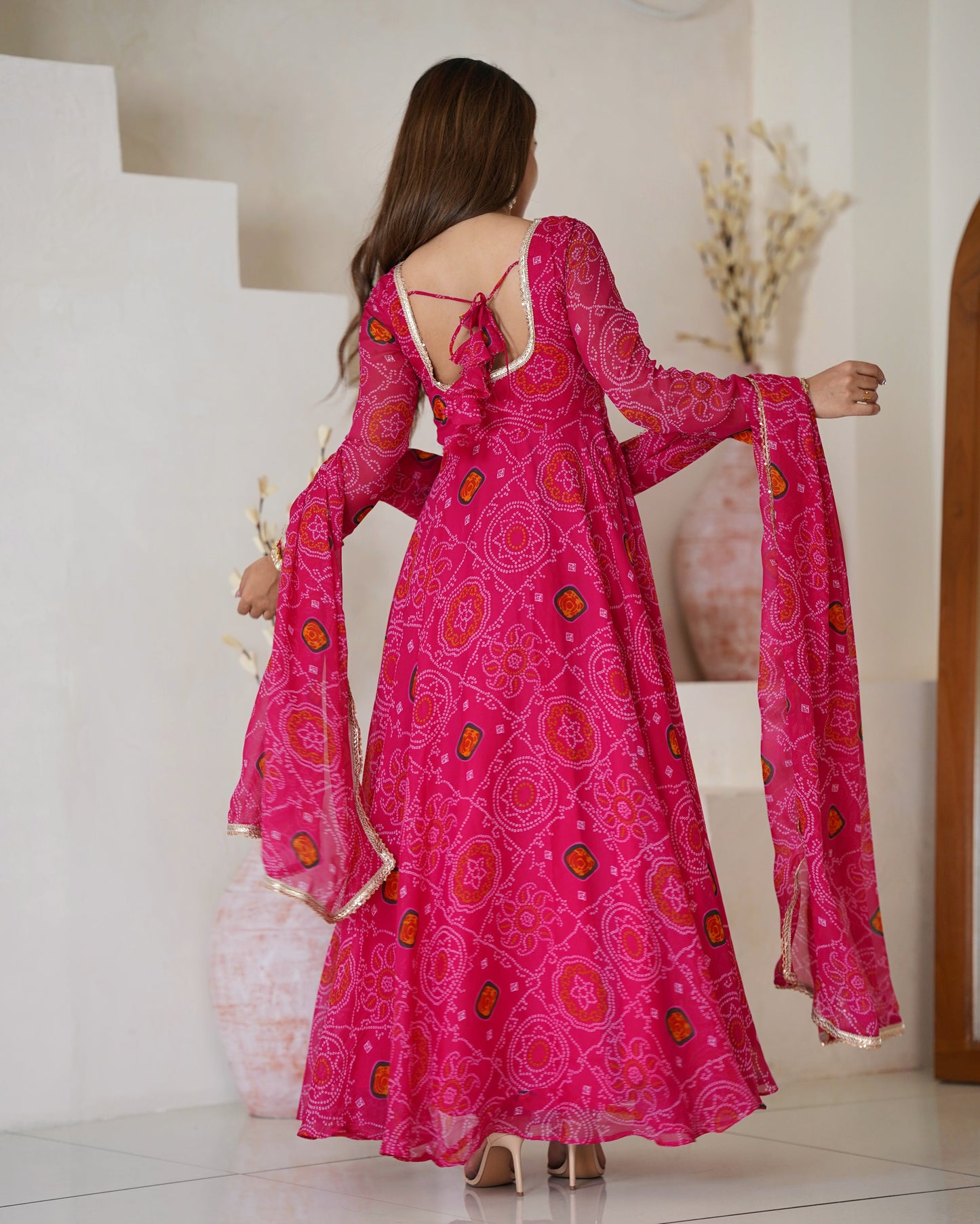 Premium Quality Bandhej Pink Anarkali Suit Set