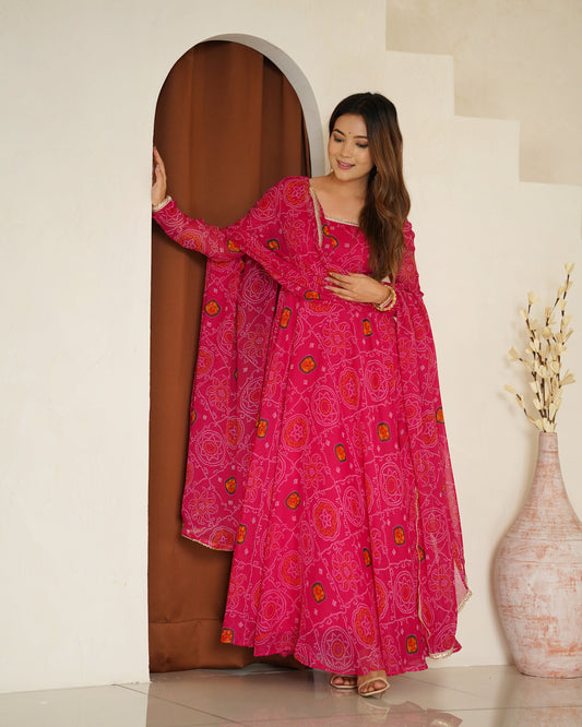 Premium Quality Bandhej Pink Anarkali Suit Set