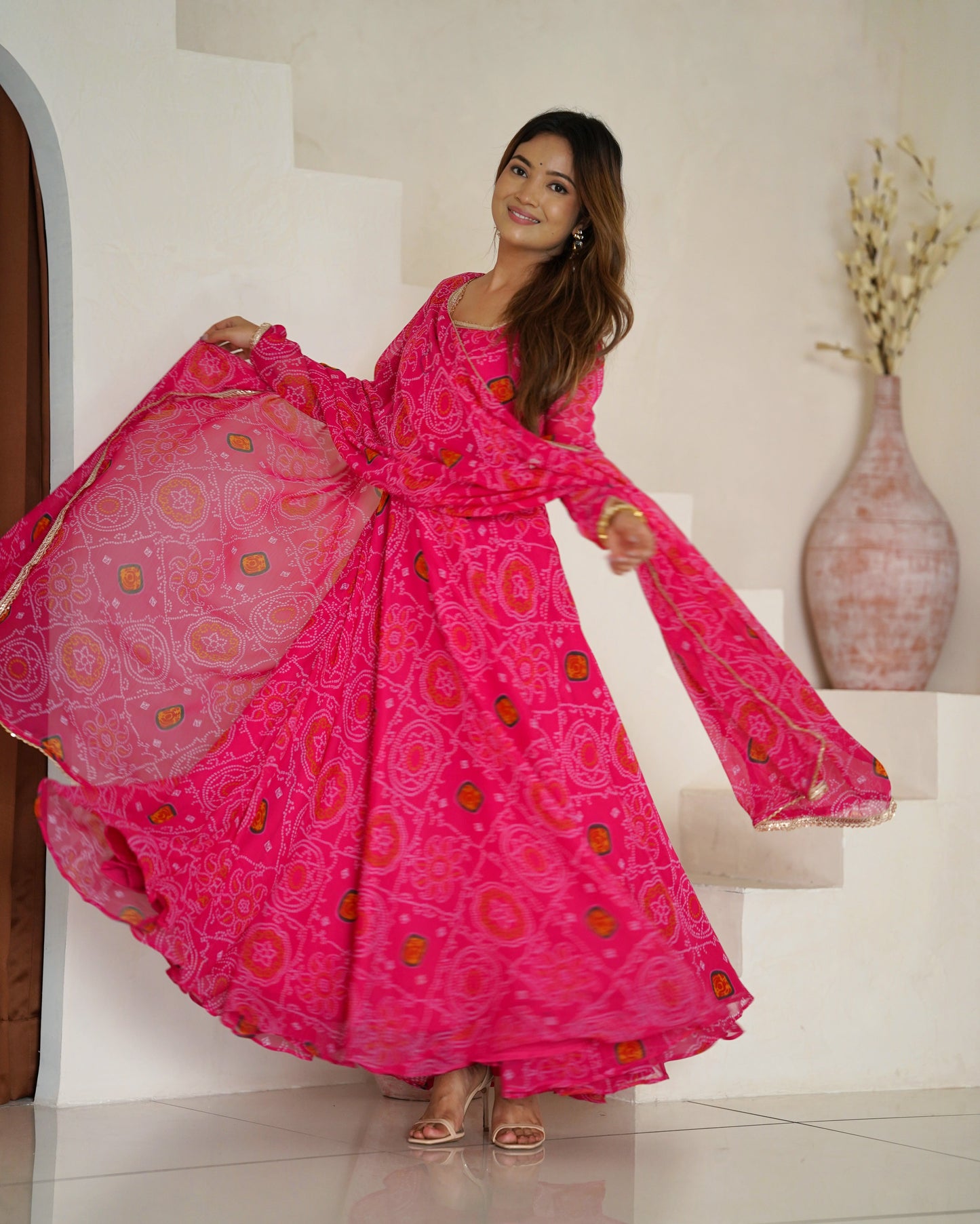 Premium Quality Bandhej Pink Anarkali Suit Set