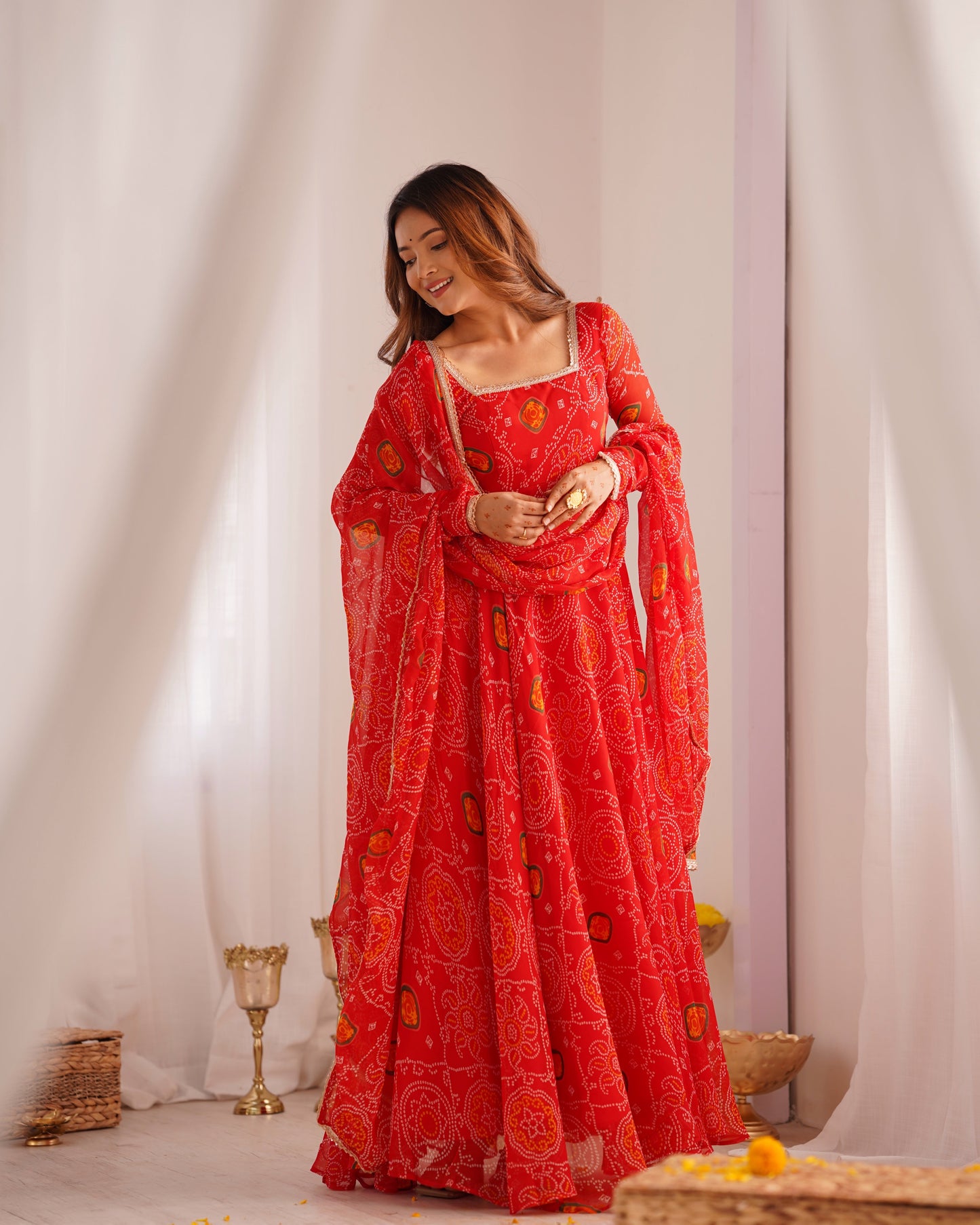 Premium Quality Bandhej Red Anarkali Suit Set