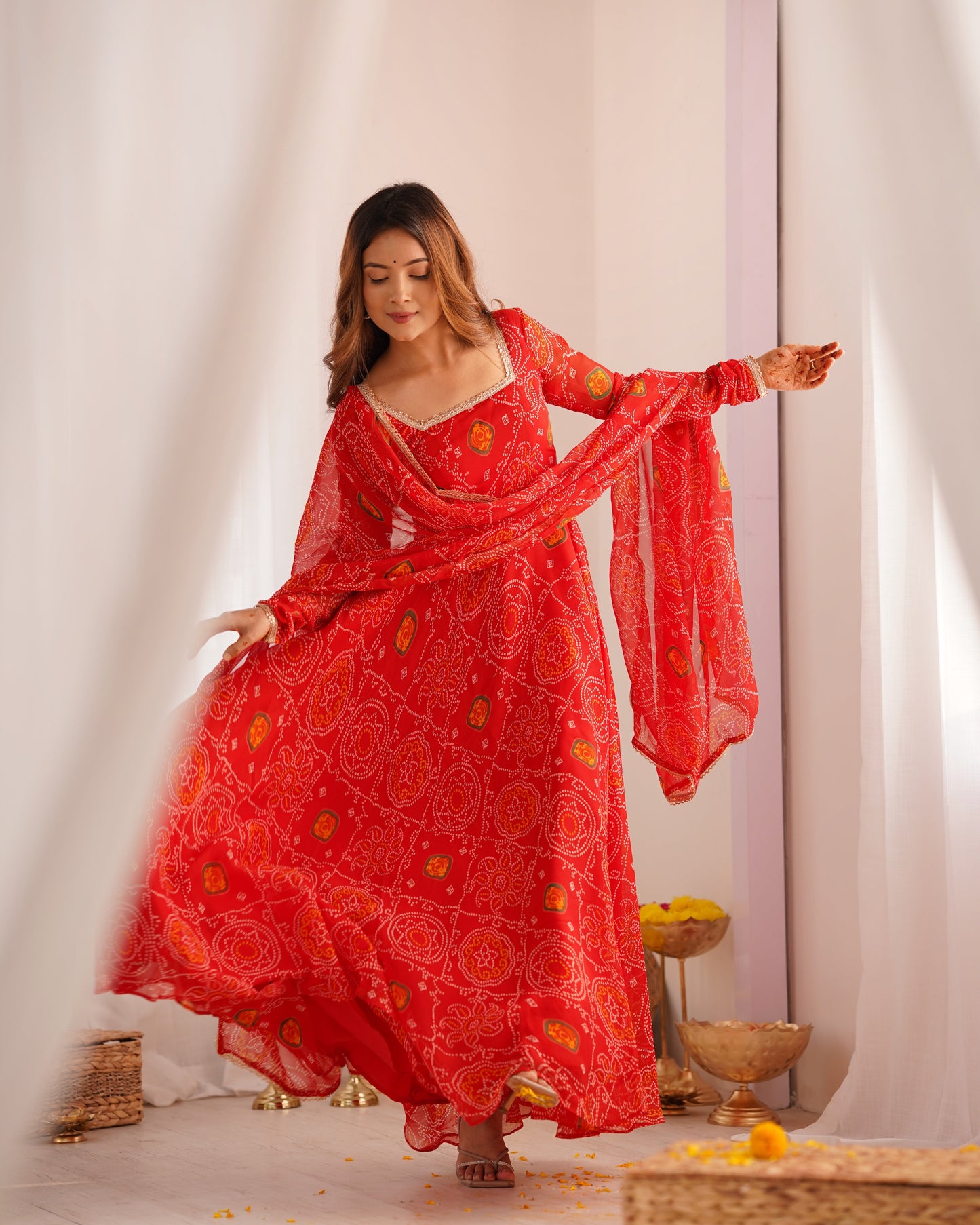 Premium Quality Bandhej Red Anarkali Suit Set