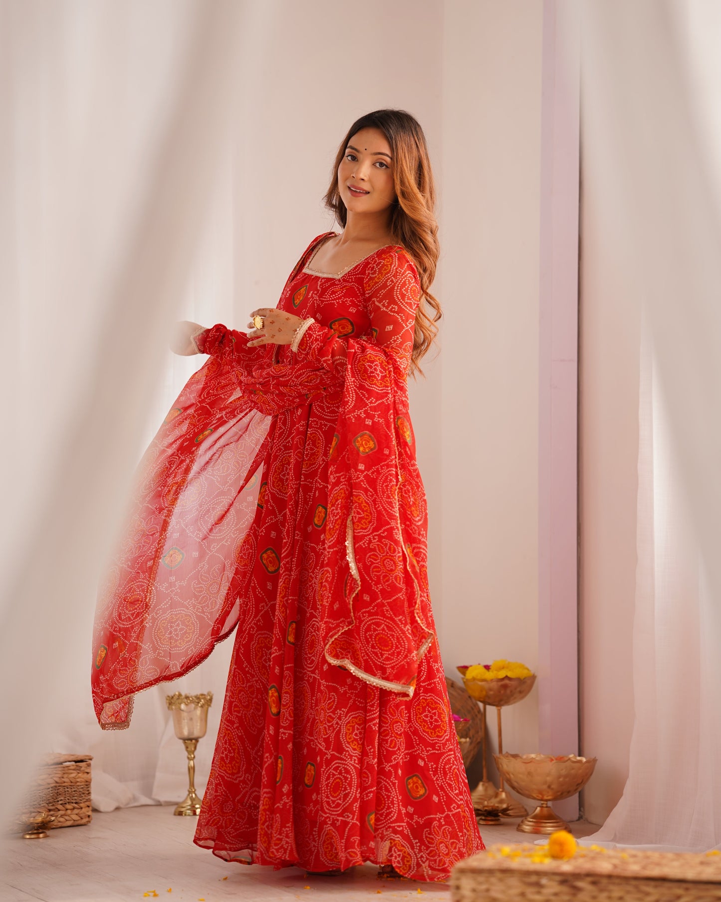 Premium Quality Bandhej Red Anarkali Suit Set