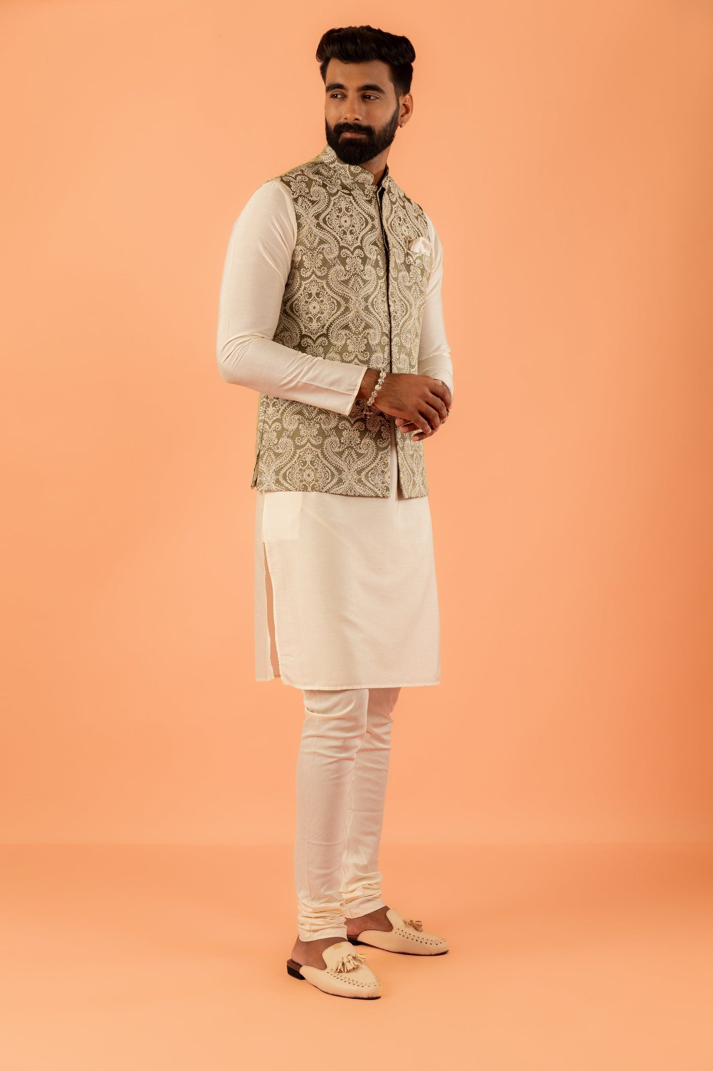 Men Green Jacquard Ethnic Motifs Nehru Jacket