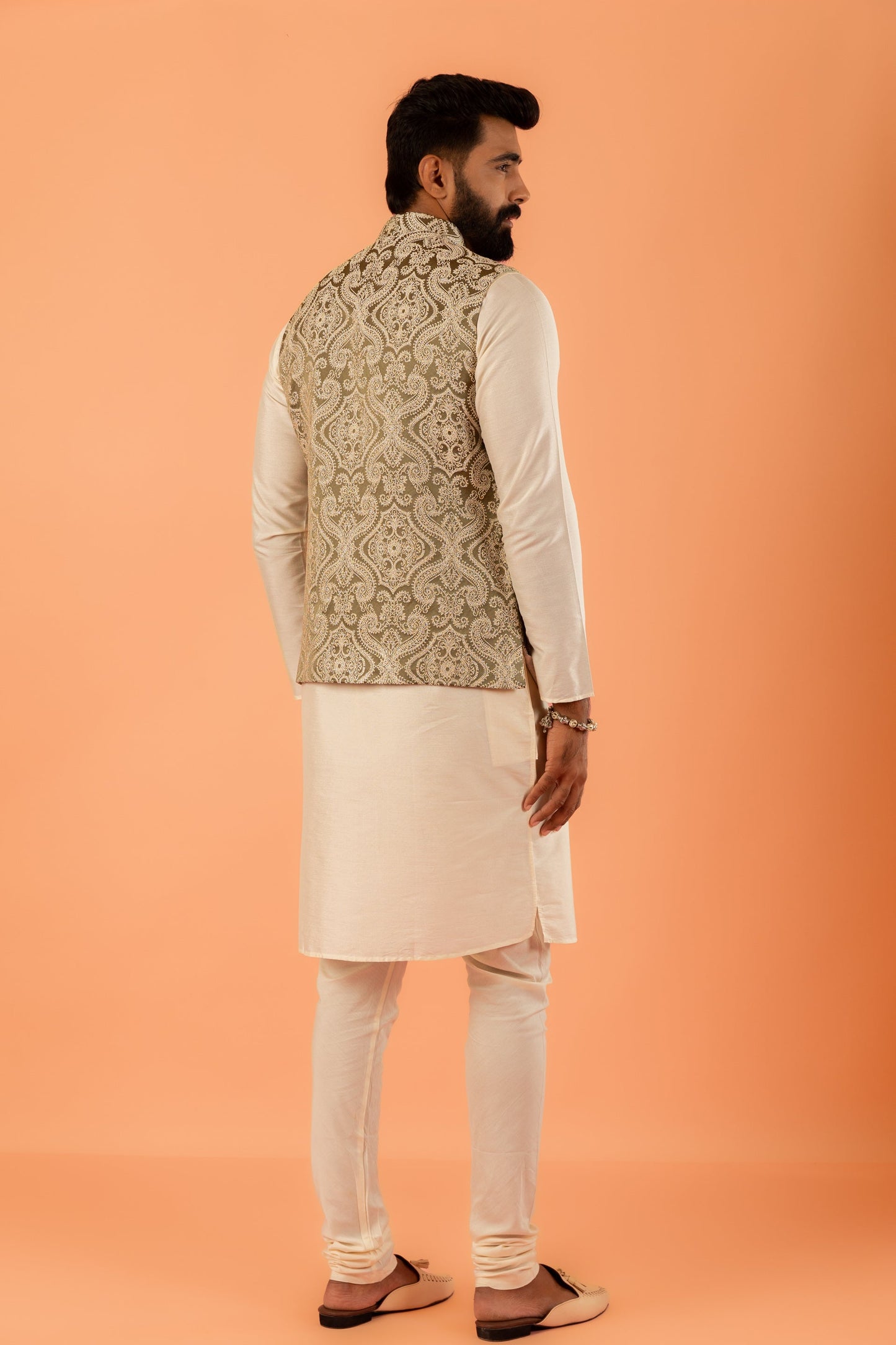 Men Green Jacquard Ethnic Motifs Nehru Jacket