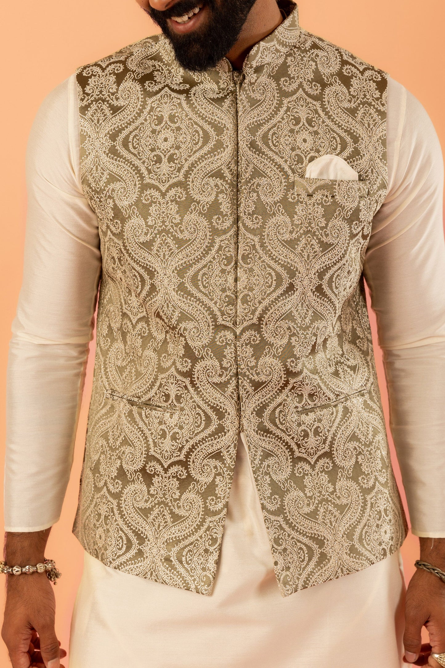 Men Green Jacquard Ethnic Motifs Nehru Jacket