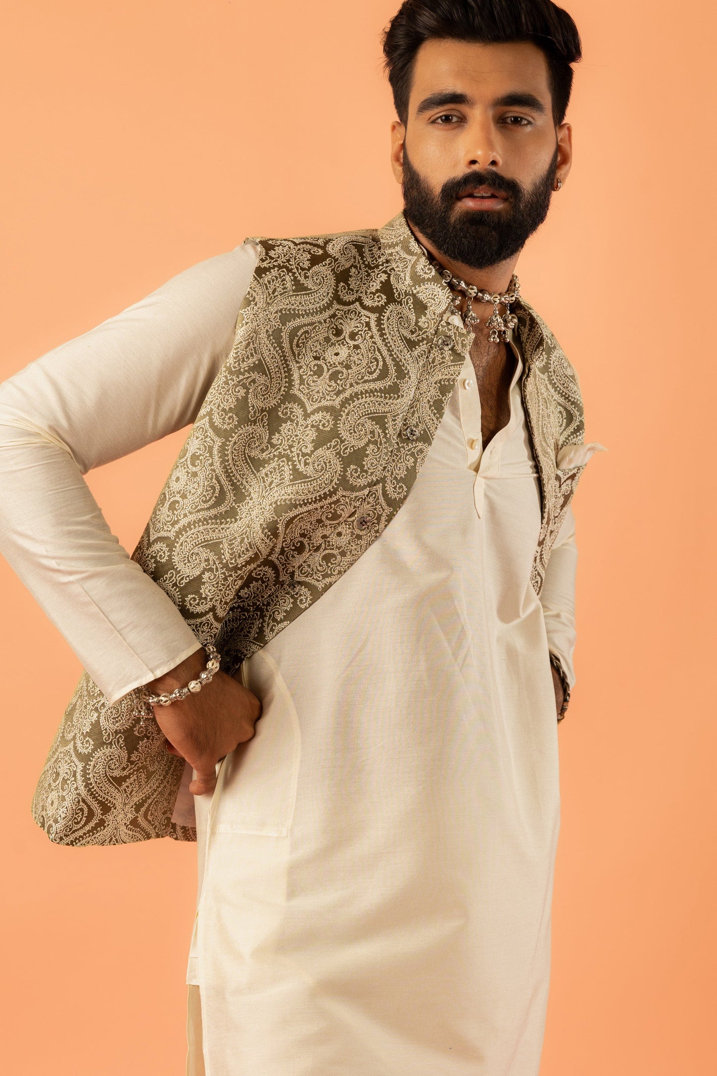 Men Green Jacquard Ethnic Motifs Nehru Jacket