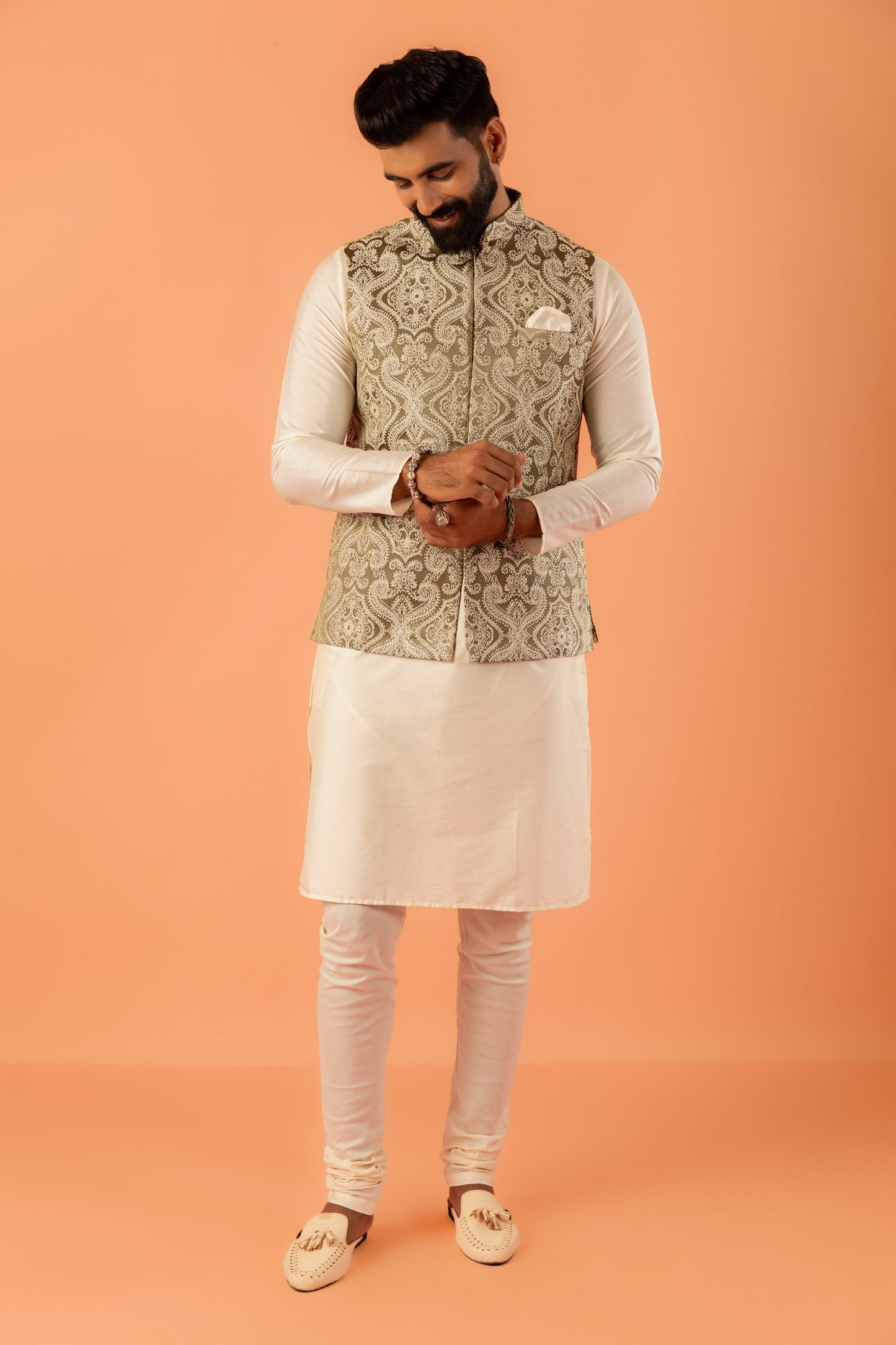 Men Green Jacquard Ethnic Motifs Nehru Jacket