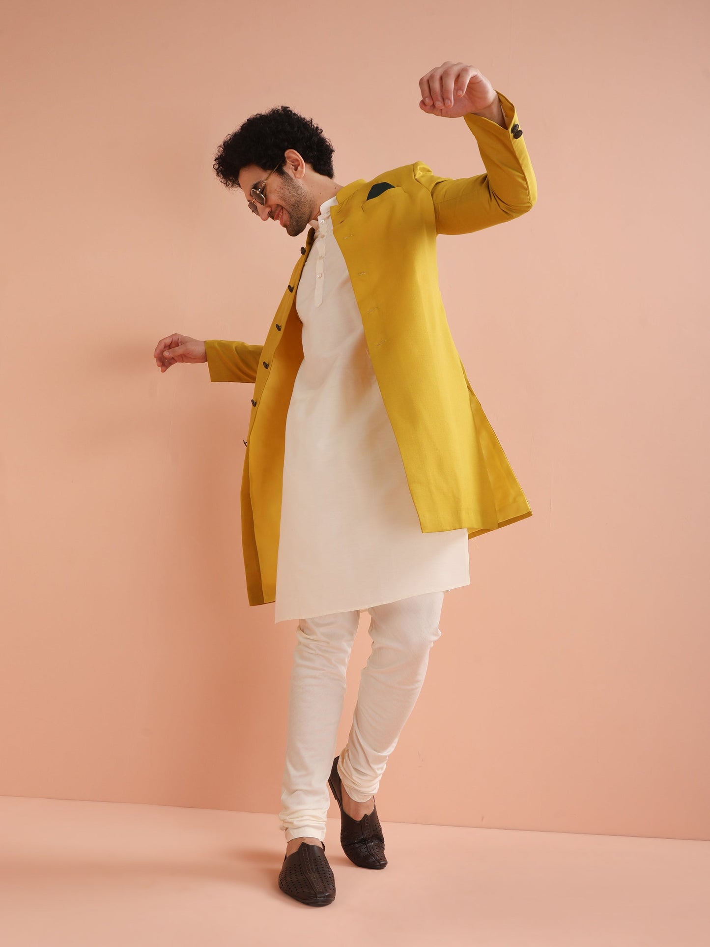 Men Yellow Solid Dyed Kurta Indowestern Churidar Set