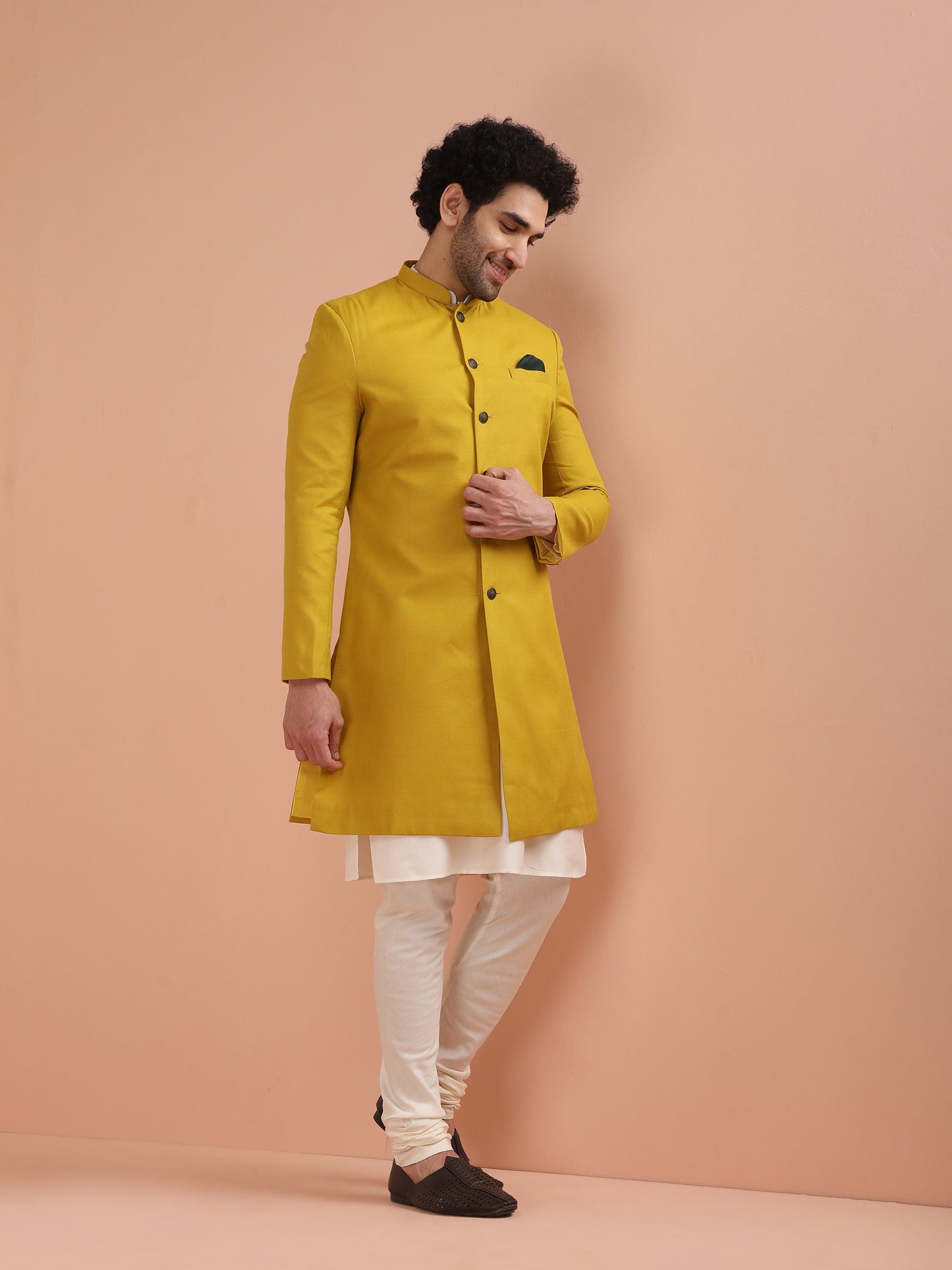 Men Yellow Solid Dyed Kurta Indowestern Churidar Set