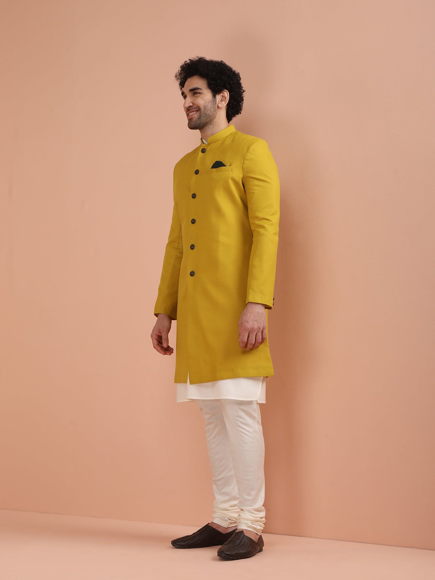 Men Yellow Solid Dyed Kurta Indowestern Churidar Set