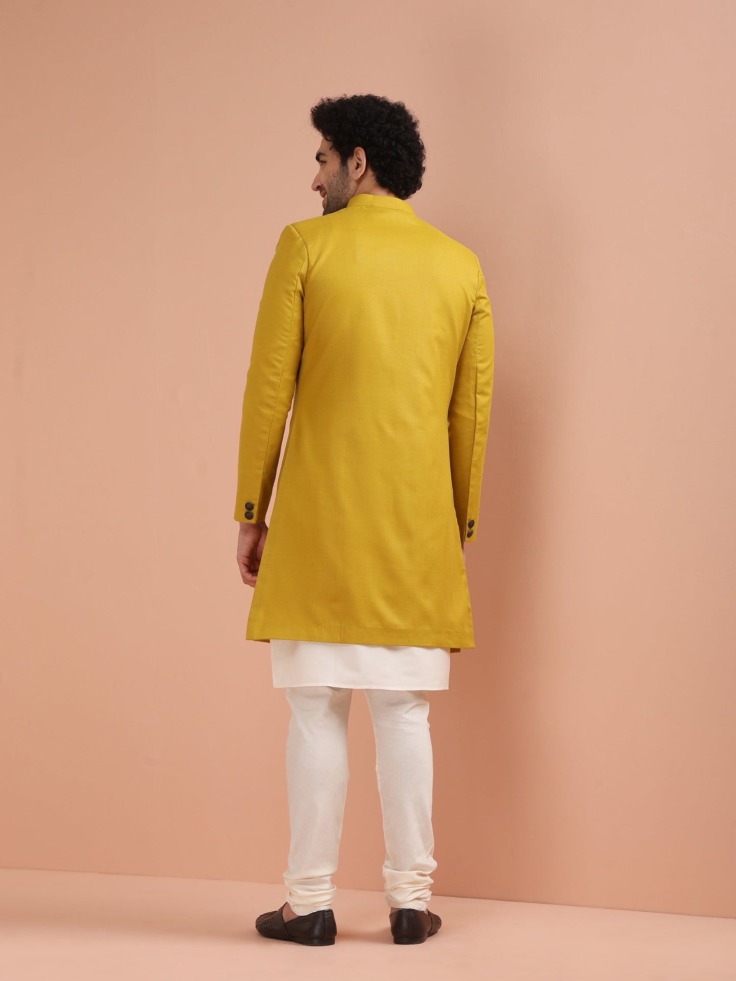 Men Yellow Solid Dyed Kurta Indowestern Churidar Set