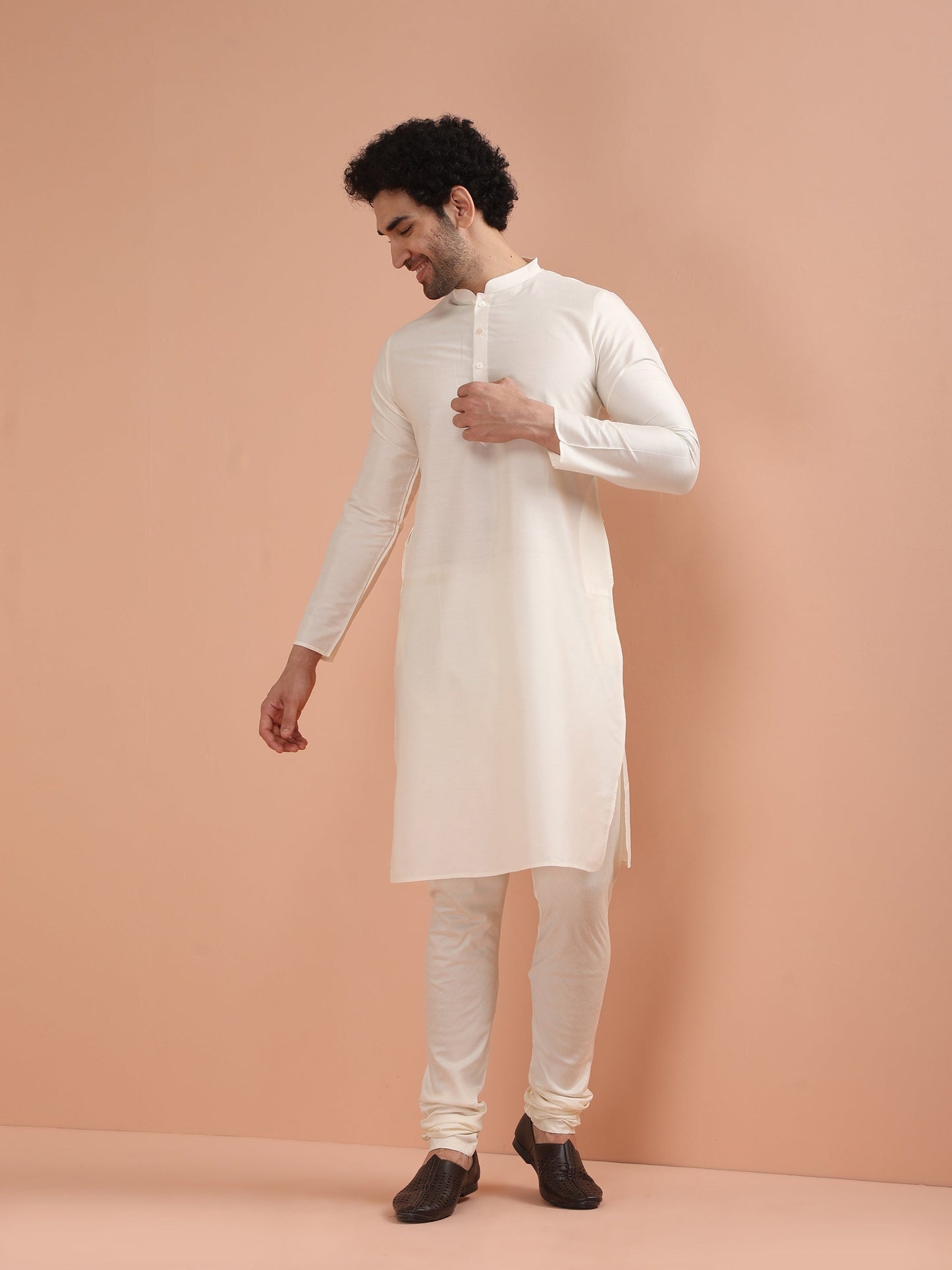 Men Yellow Solid Dyed Kurta Indowestern Churidar Set