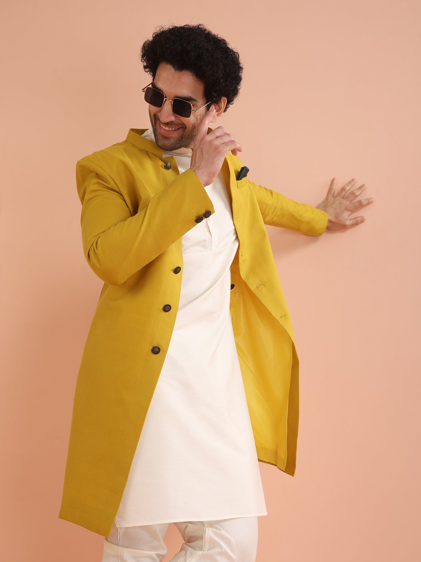 Men Yellow Solid Dyed Kurta Indowestern Churidar Set