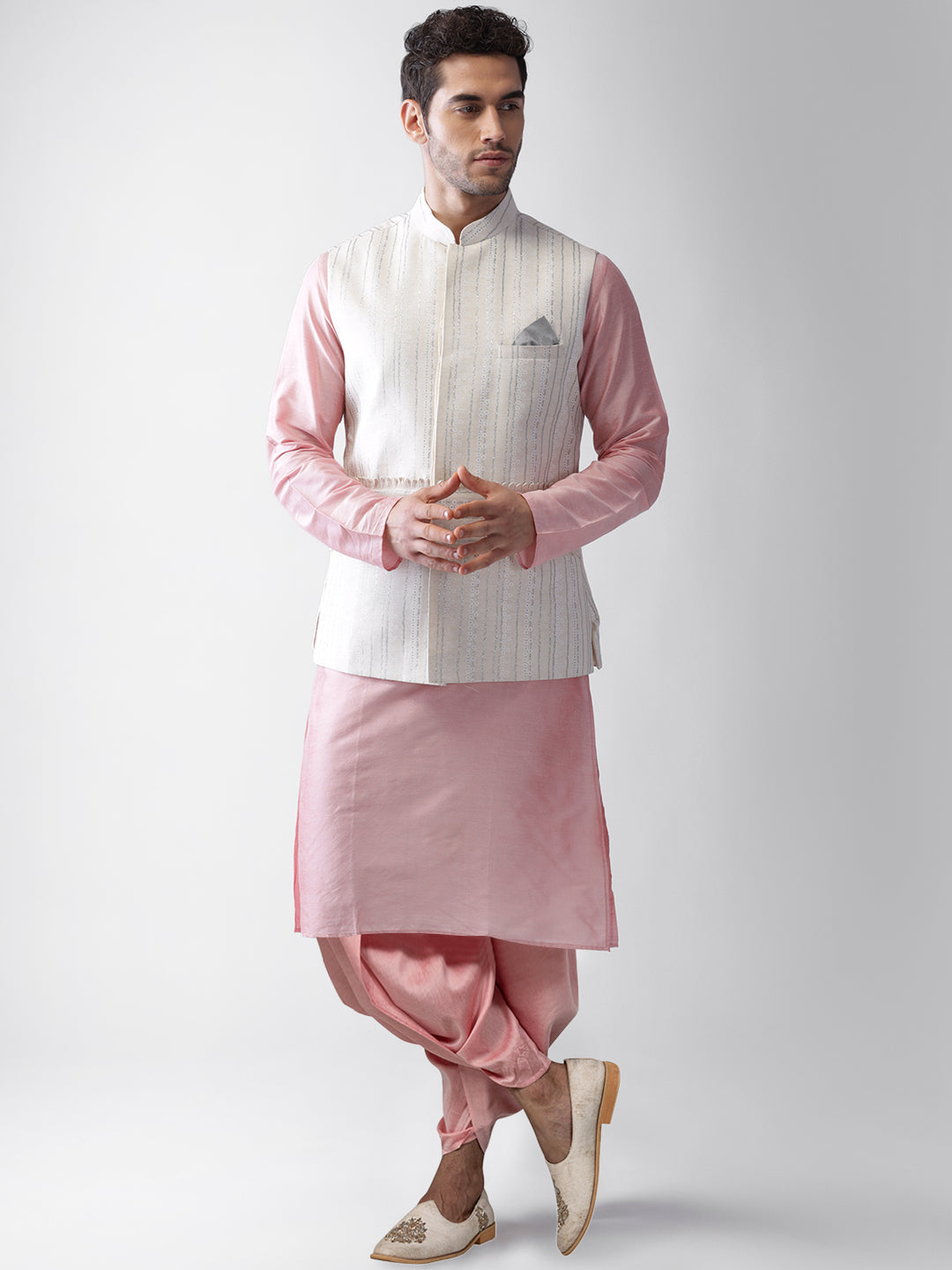 Men's White Kurta Jacket Dhoti Set