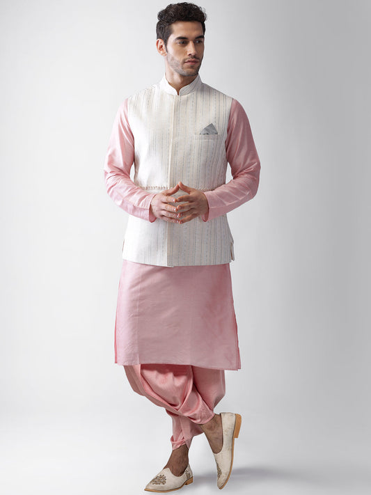 Men's White Kurta Jacket Dhoti Set