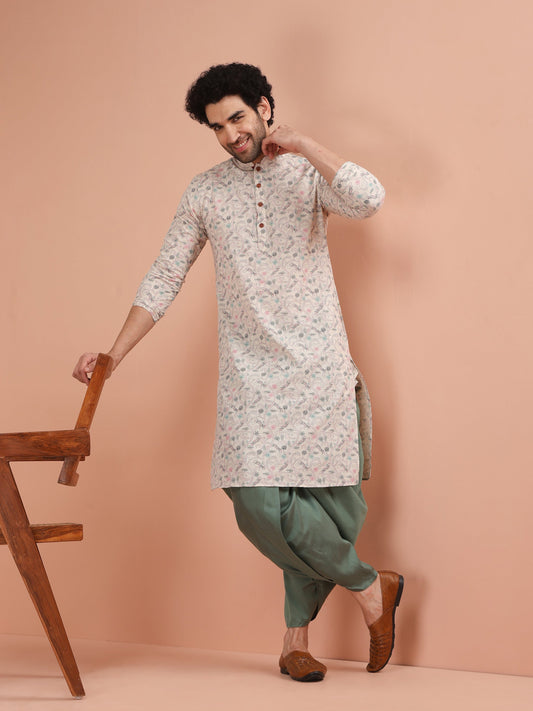 Men Multi Printed Kurta Dhoti Set with Kantha Print