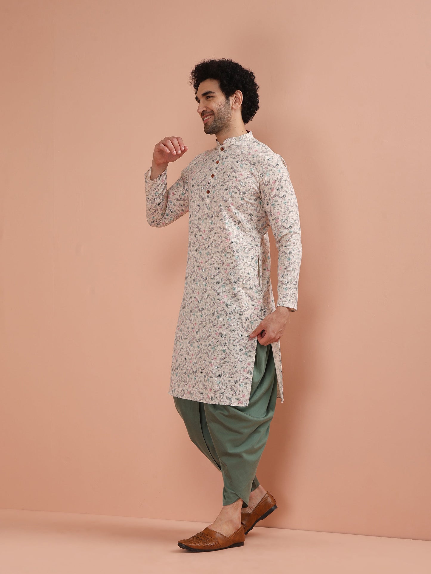 Men Multi Printed Kurta Dhoti Set with Kantha Print