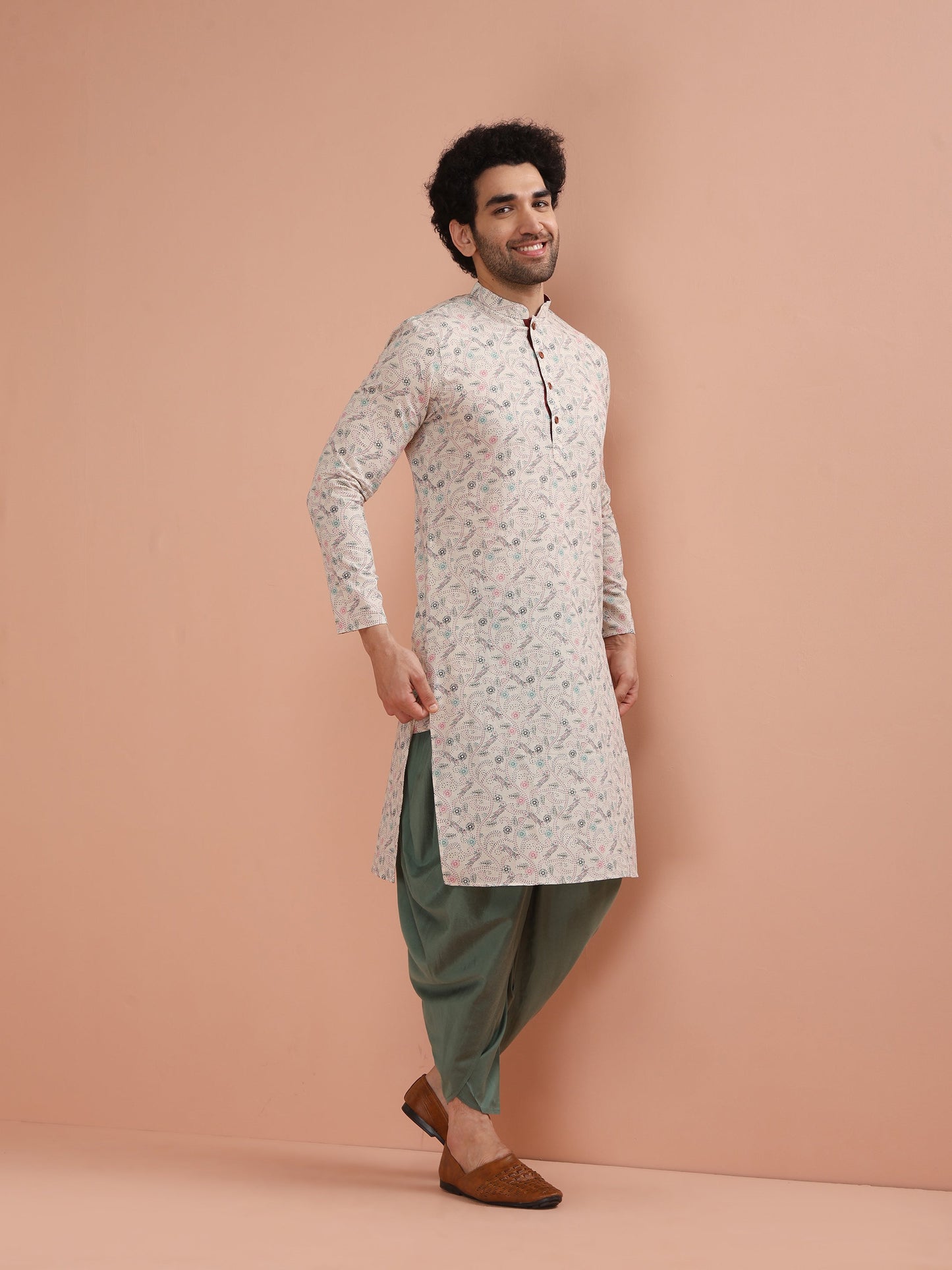 Men Multi Printed Kurta Dhoti Set with Kantha Print