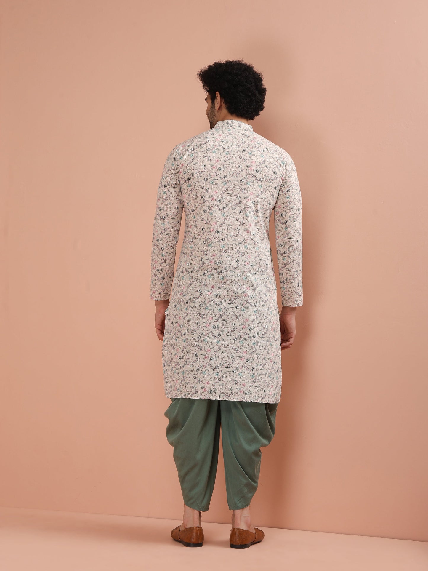 Men Multi Printed Kurta Dhoti Set with Kantha Print