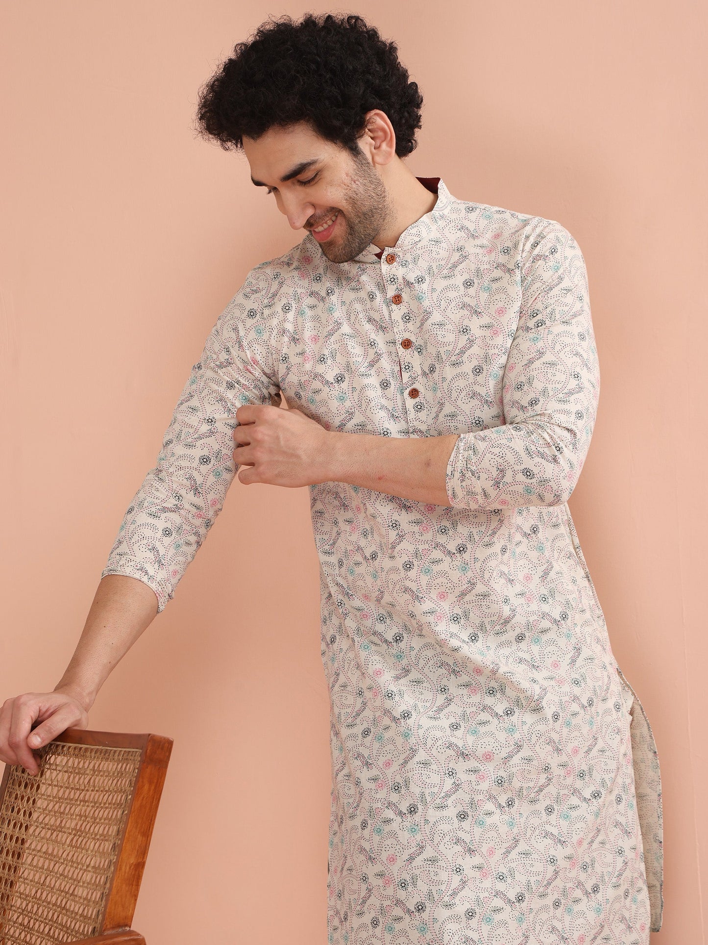 Men Multi Printed Kurta Dhoti Set with Kantha Print