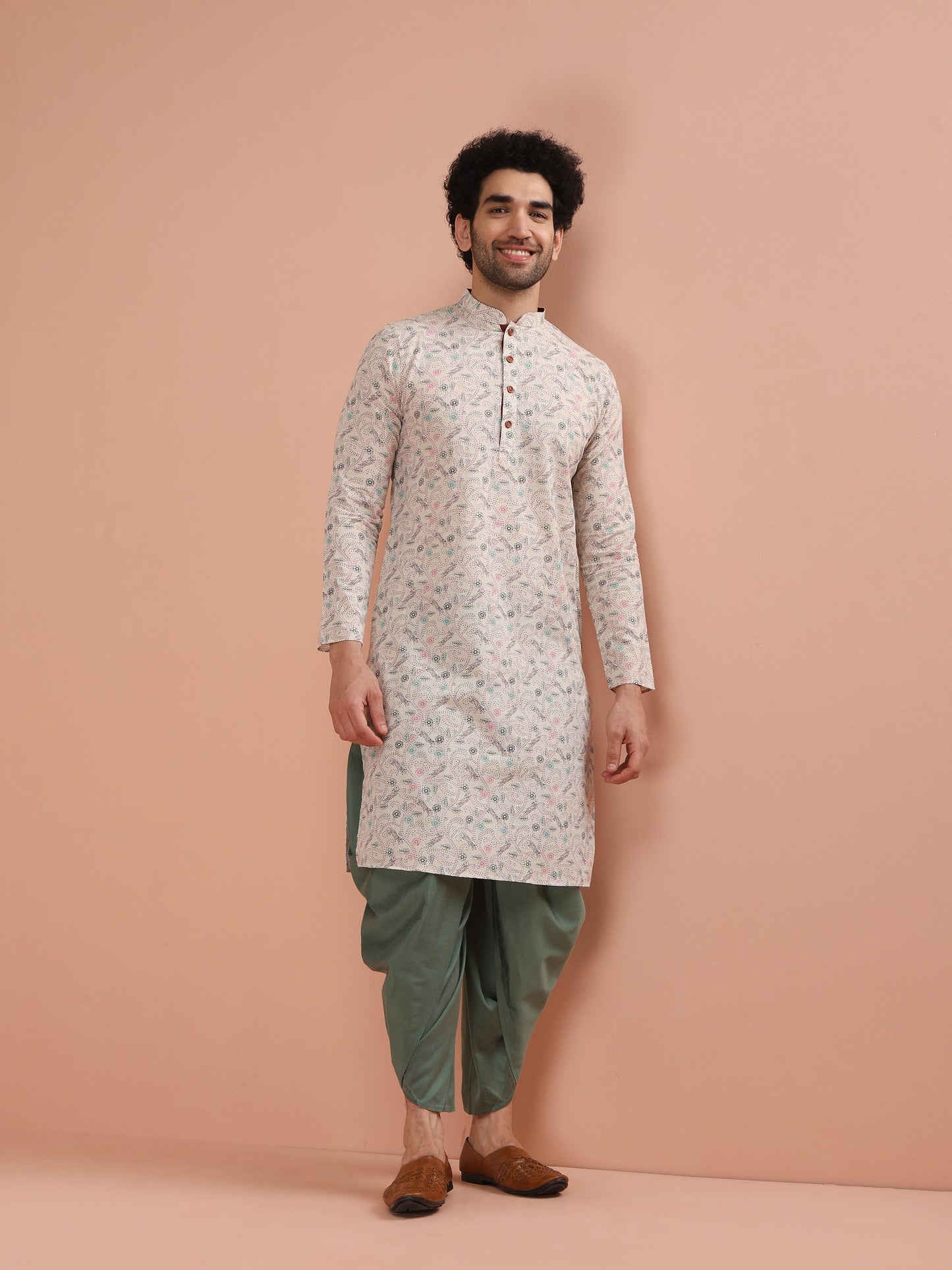 Men Multi Printed Kurta Dhoti Set with Kantha Print