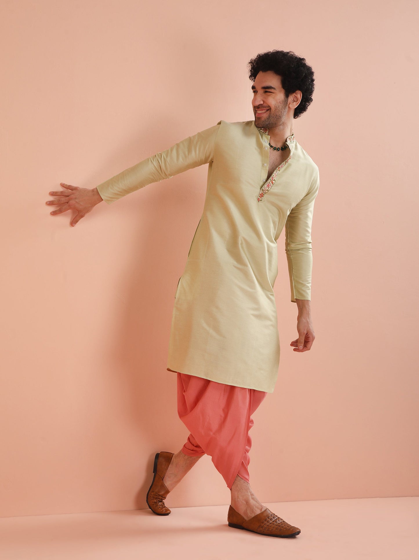 Men Solid Green Kurta Dhoti Set