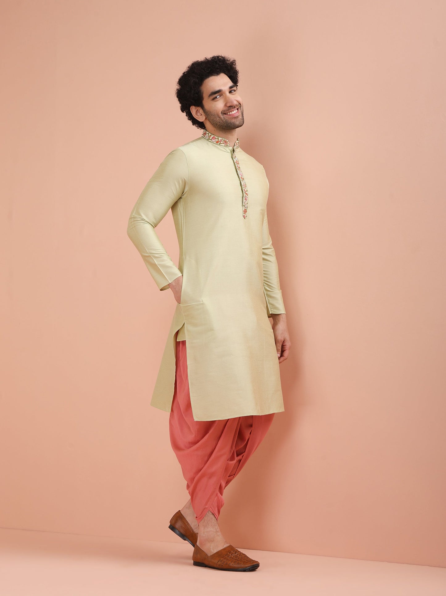 Men Solid Green Kurta Dhoti Set