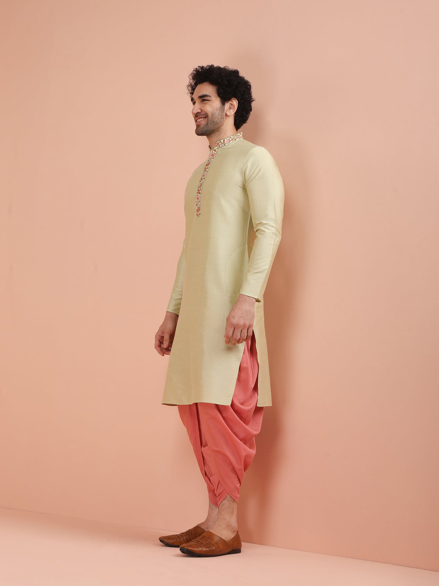 Men Solid Green Kurta Dhoti Set