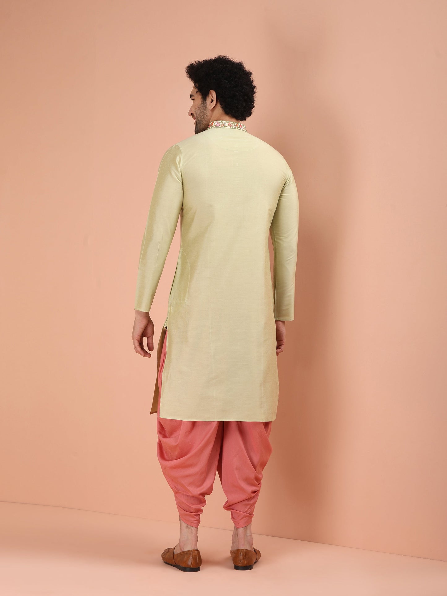 Men Solid Green Kurta Dhoti Set