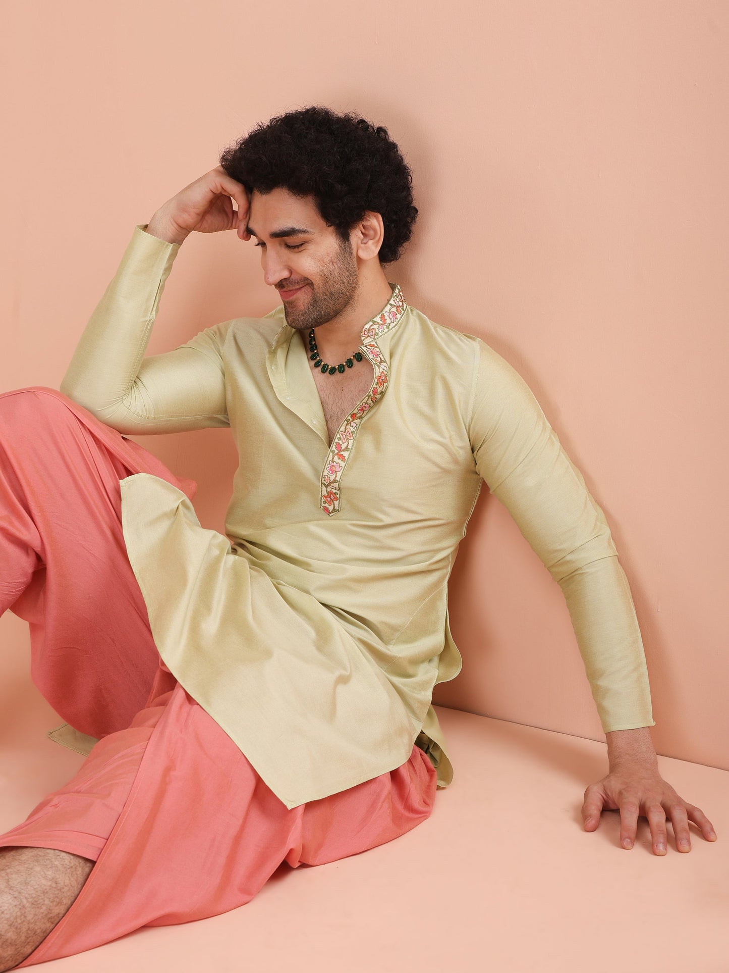 Men Solid Green Kurta Dhoti Set