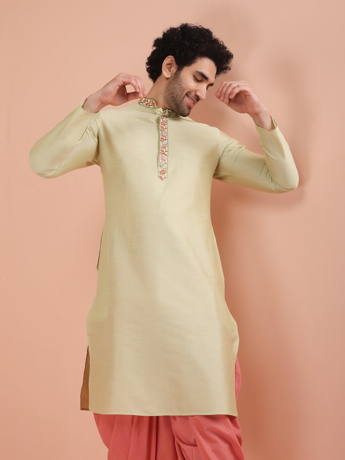 Men Solid Green Kurta Dhoti Set