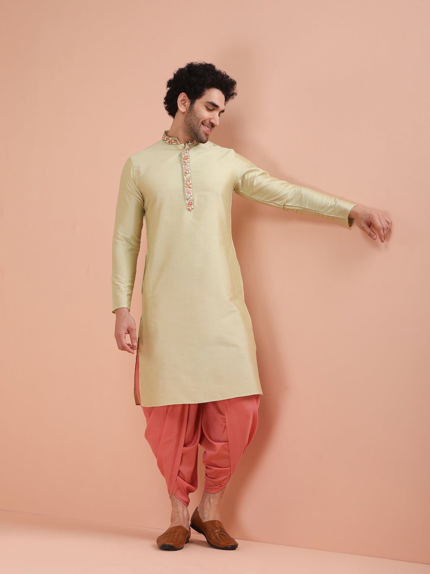 Men Solid Green Kurta Dhoti Set