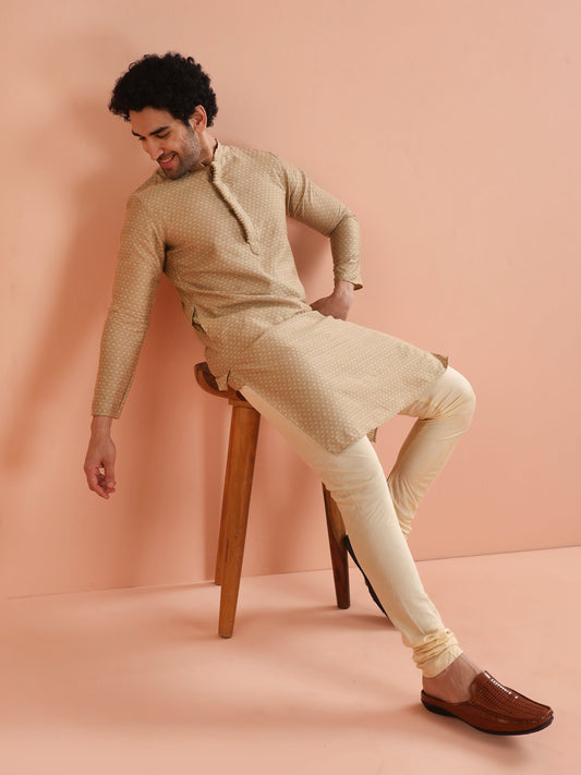 Men Beige Woven Design Kurta Churidar Set with Ethnic Motifs