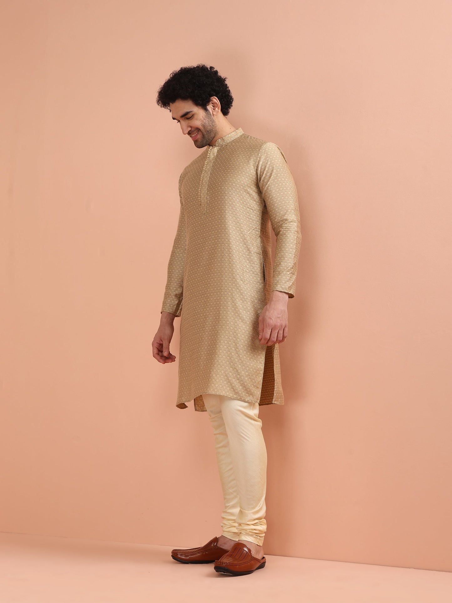 Men Beige Woven Design Kurta Churidar Set with Ethnic Motifs