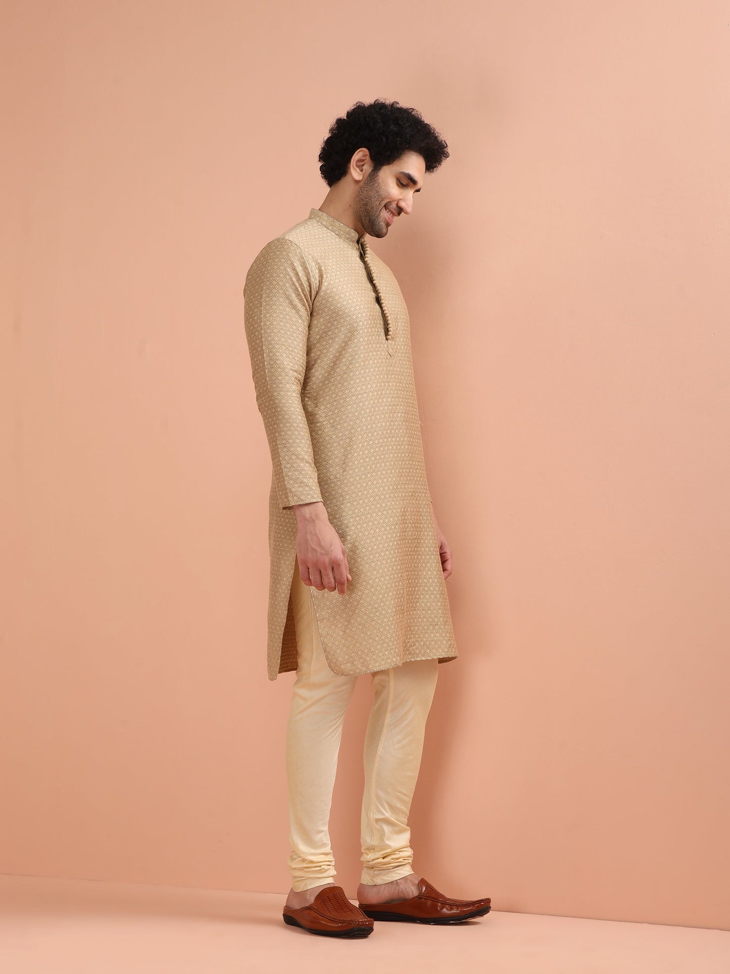 Men Beige Woven Design Kurta Churidar Set with Ethnic Motifs