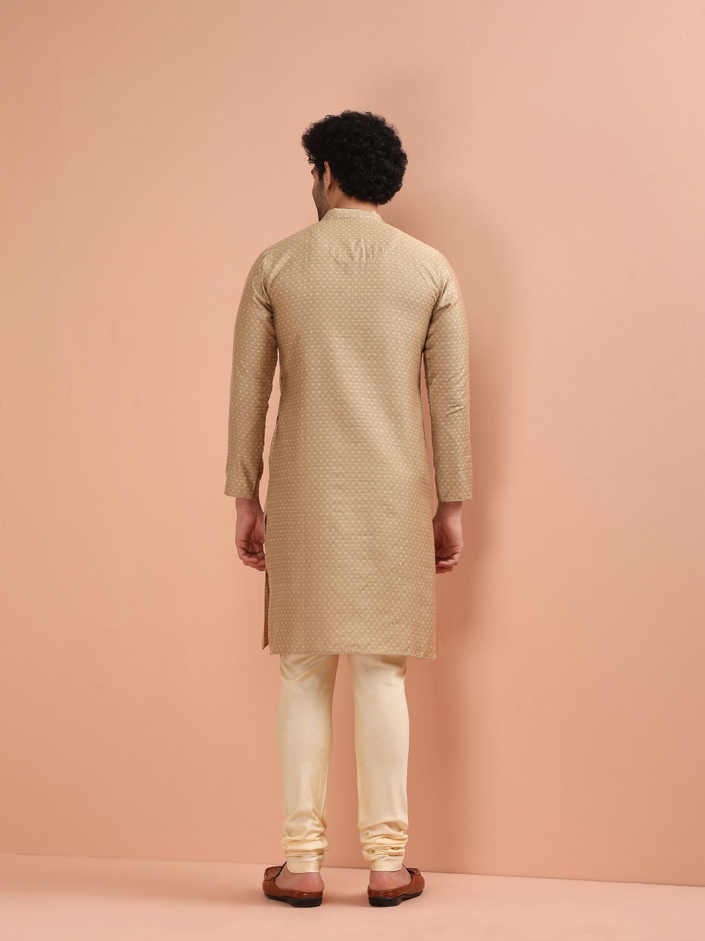 Men Beige Woven Design Kurta Churidar Set with Ethnic Motifs