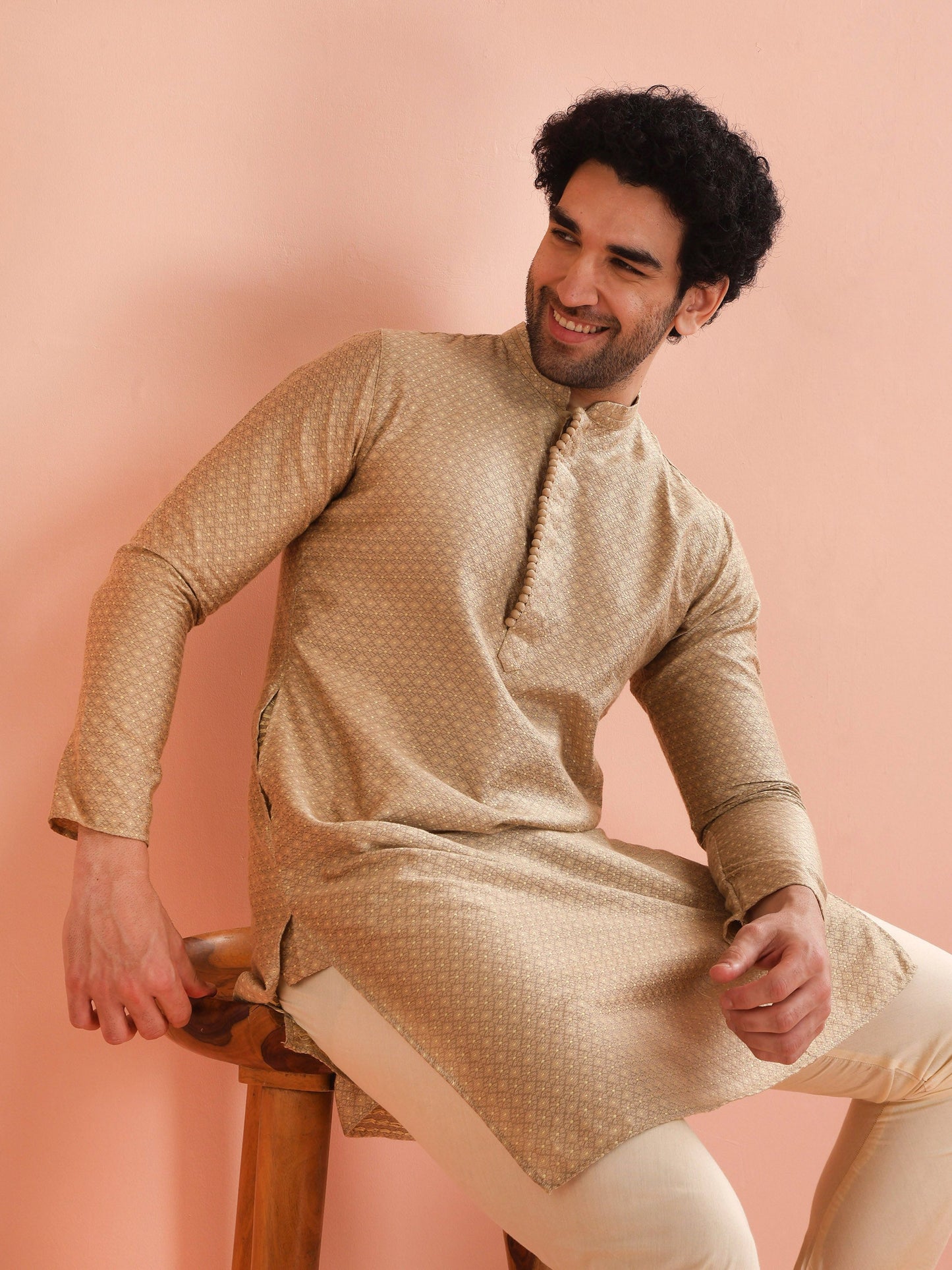 Men Beige Woven Design Kurta Churidar Set with Ethnic Motifs