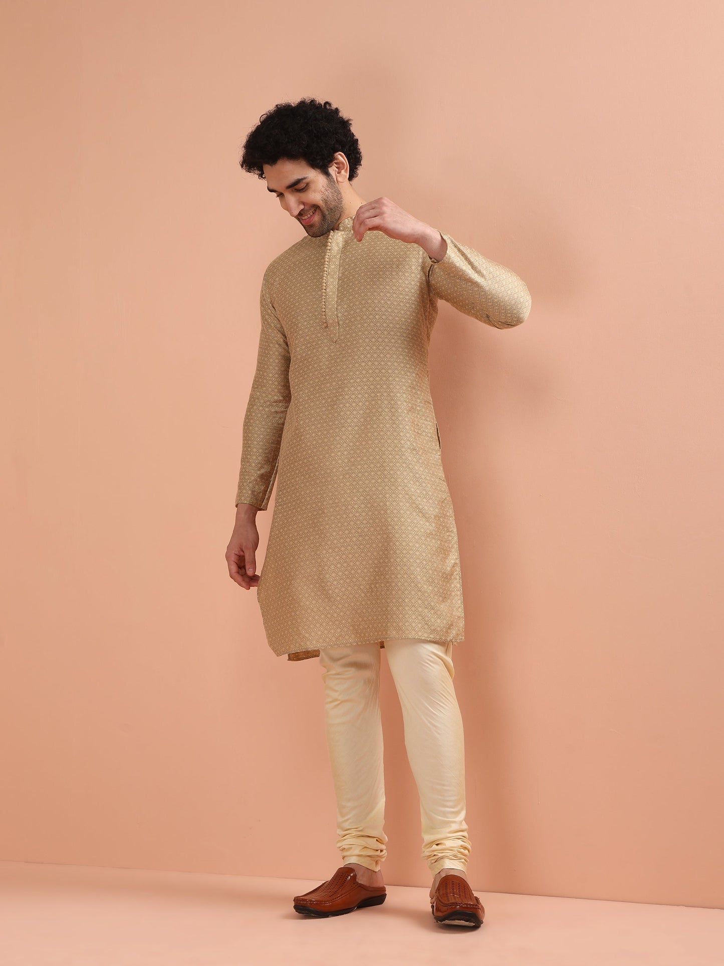 Men Beige Woven Design Kurta Churidar Set with Ethnic Motifs